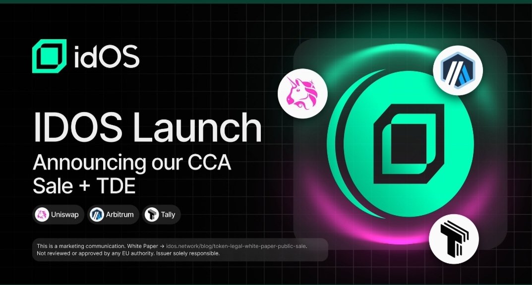 Big news for idOS 👇

<a href="/idOS_network/">idOS</a> token launch coming with a fair and transparent system.

CCA Sale: February 25 → March 5, 2026

TDE: March 5, 2026

Why it matters:
• Launch via Uniswap CCA → Real price discovery
• On Tally → Open and fair distribution
• Arbitrum → Fast