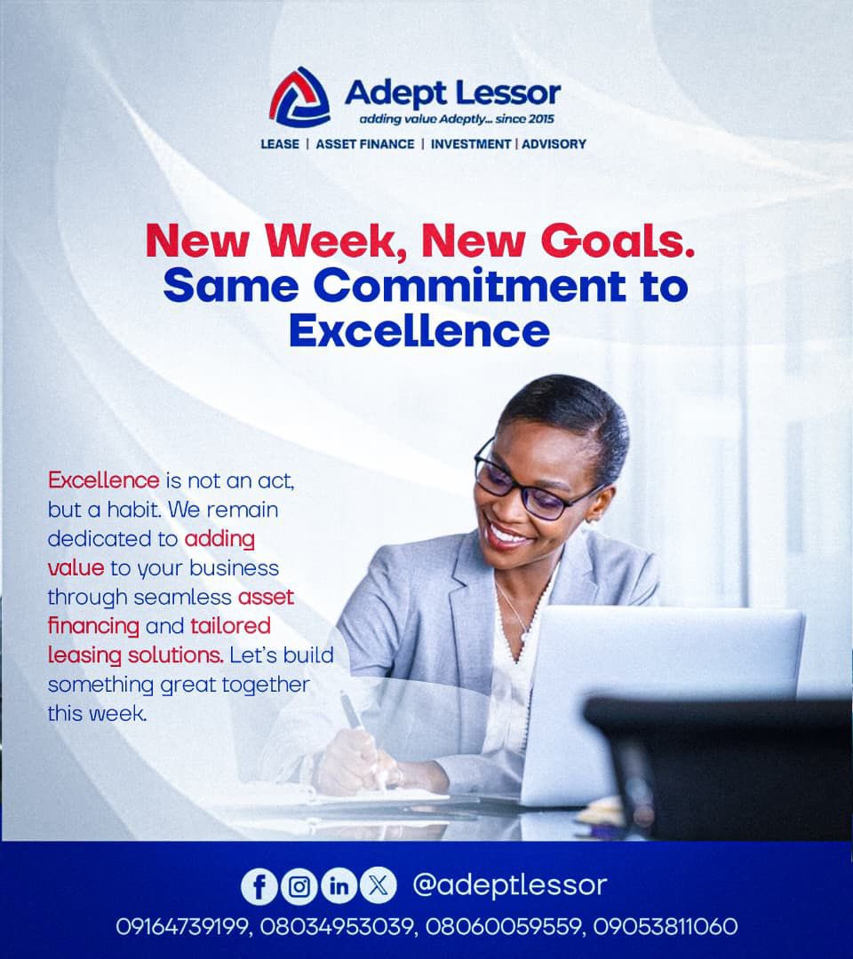 AdeptLessor's tweet image. Mondays are for fresh starts and smart moves.
This week, take the step that moves your business forward ,we’ll handle the financing.🤝

#assetfinancing #monday #mondaymotivation #trending #TrendingNow