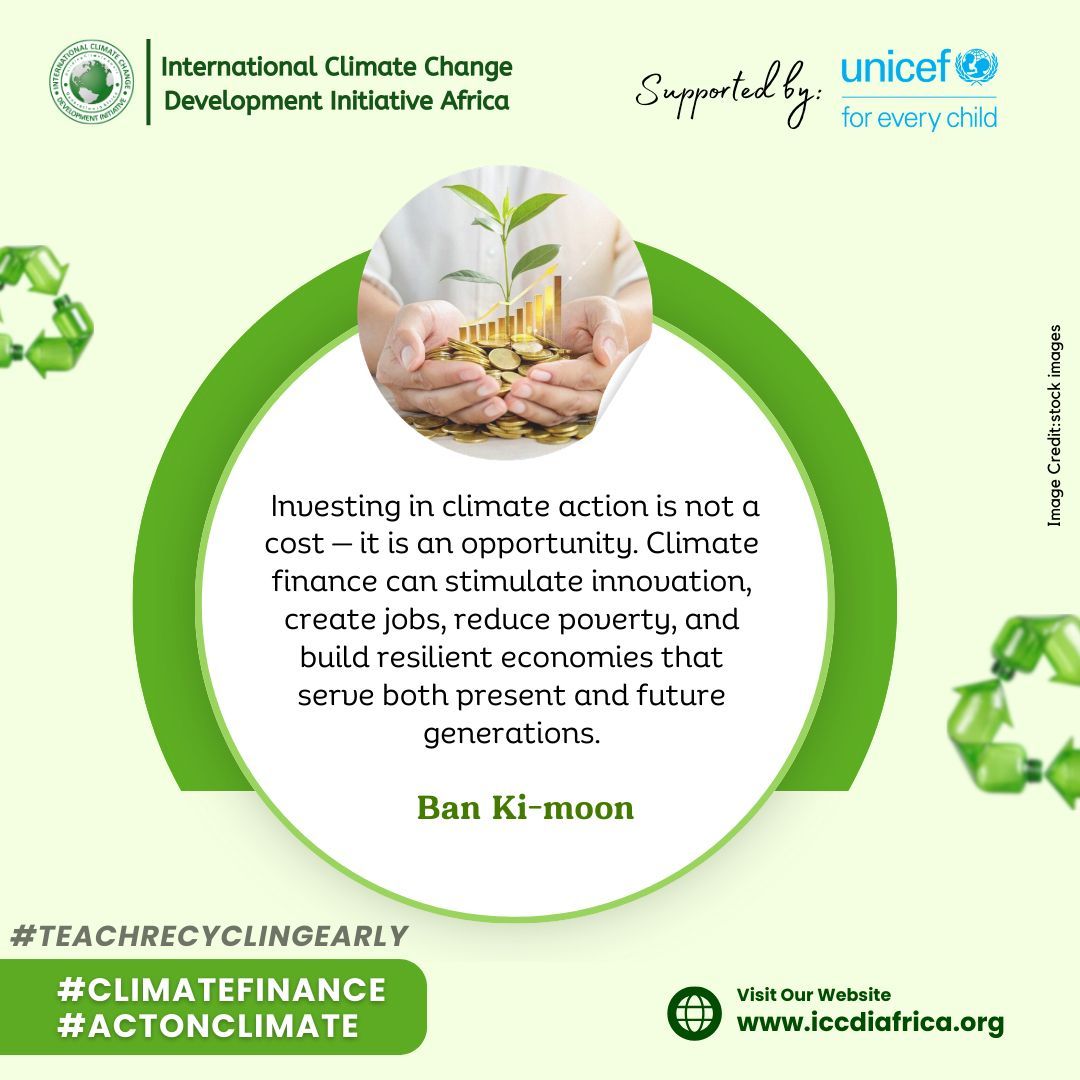 ClimateWed's tweet image. Investing in climate action is not a cost — it is an opportunity. Climate finance can stimulate innovation, create jobs, reduce poverty, and build resilient economies that serve both present and future generations. — Ban Ki-moon

#ClimateFinance  #ActOnClimate