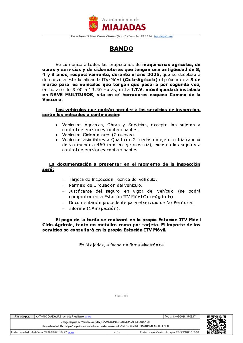 La ITV Móvil Ciclo-agrícola vuelve a Miajadas el próximo 3 de marzo @Rtvmiajadas rtvmiajadas.es/la-itv-movil-c…
