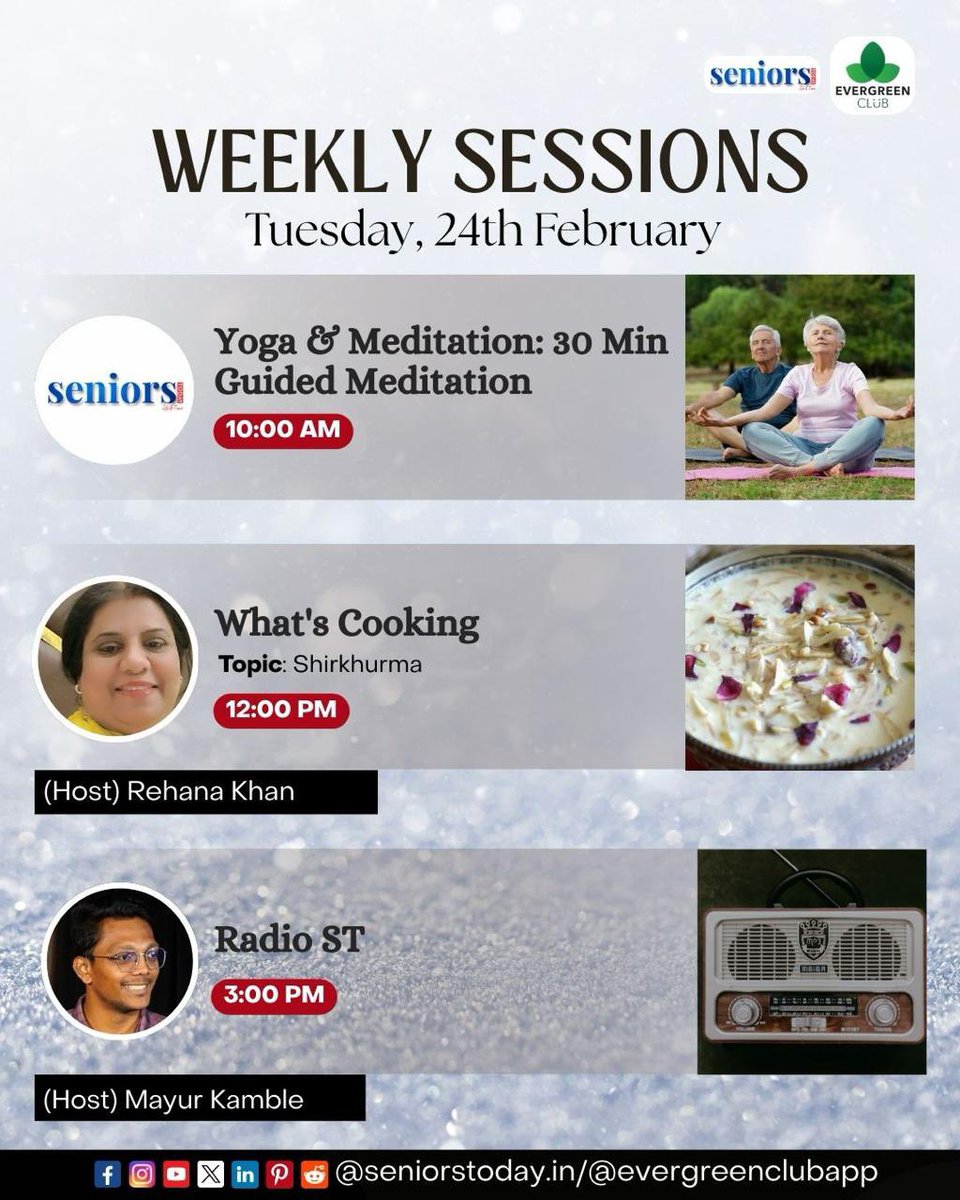 ✨ Weekly Sessions | Tuesday, 24th February

🔗Book Now - evergreenclub.in/sessions

Let’s come together to learn, unwind and celebrate community.
We look forward to seeing you there! 💛

#seniorstoday #evergreenclub #weeklysessions #yoga #cooking #music #seniorscommunity
