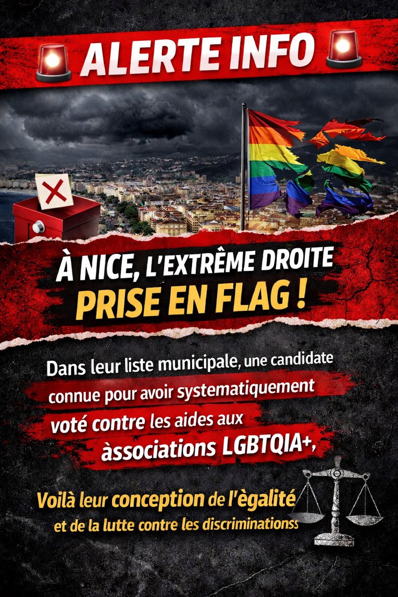 GayLib_Nice06's tweet photo. 🚨 Alerte info
À Nice, l’extrême droite prise en flagrant délit : sur la liste municipale UDR RN de CIOTTI figure une élue connue pour avoir systématiquement voté contre les aides aux associations LGBTQIA+
Drôle de conception de l’égalité et de la lutte contre les discriminations https://t.co/wUSffLgmoT