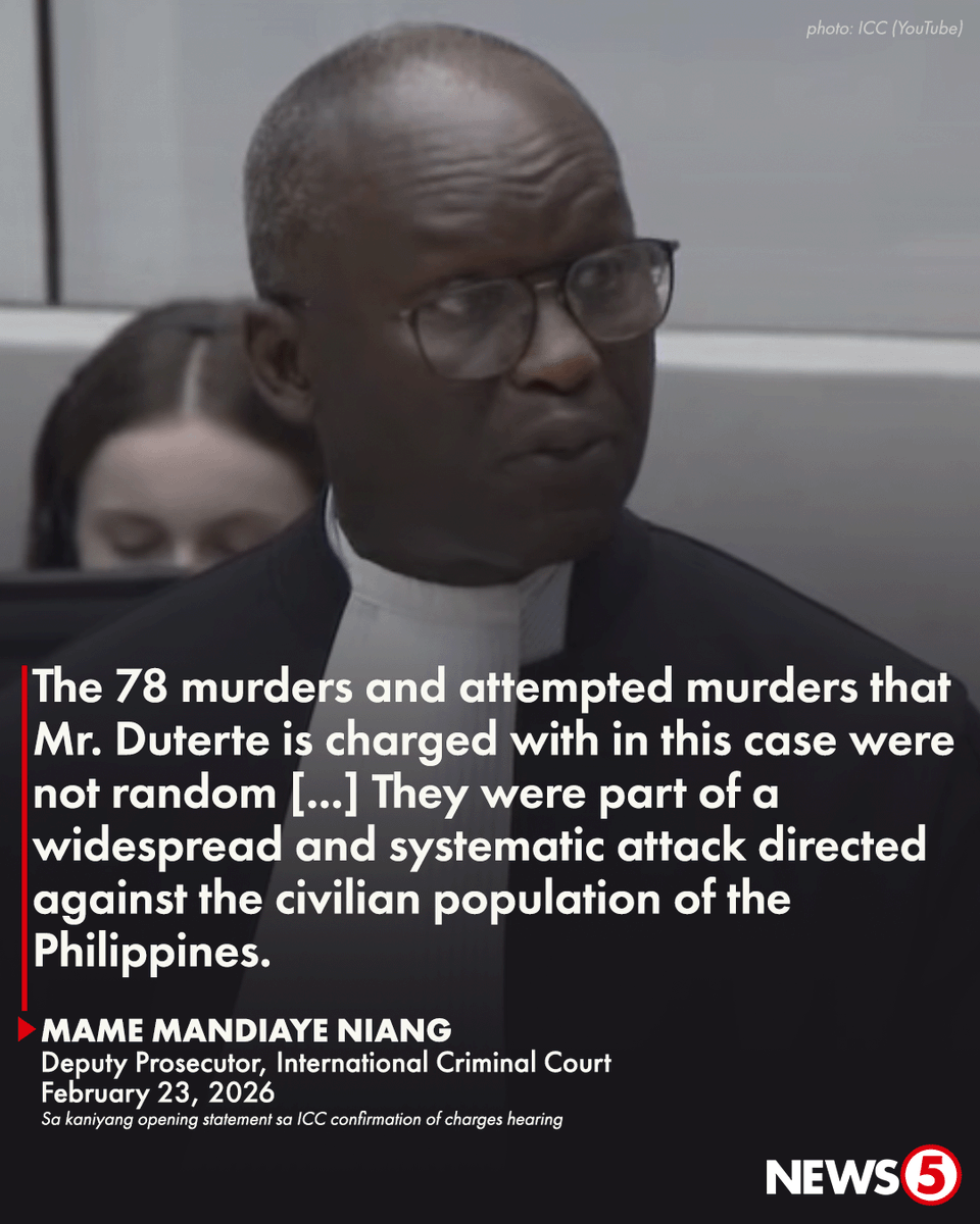 News5PH's tweet photo. ‘THESE WERE NOT RANDOM CRIMES' 

Nanindigan si International Criminal Court (ICC) Deputy Prosecutor Mame Mandiaye Niang na bahagi ng malawakang at sistematikong pag-atake ang umano’y 78 kaso ng murder at attempted murder sa ilalim ng pamamahala ni dating pangulong Rodrigo Duterte.

“Overall, Duterte's so-called war on drugs resulted in the killings of thousands of civilians … and many of these victims were children,” giit ni Niang.

#DuterteICC #RodrigoDuterte #ICC