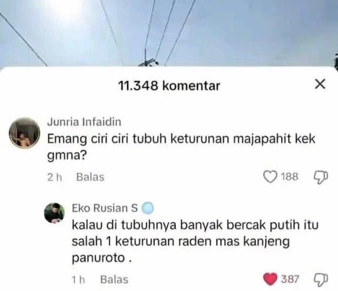 Kalau pinter masak kemungkinan ada garis keturunan Raden Marutoklopo.

Kalau hobi mancing di pantai, kemungkinan ada garis keturunan Ki Jogo Segoro.

Ada lagi?