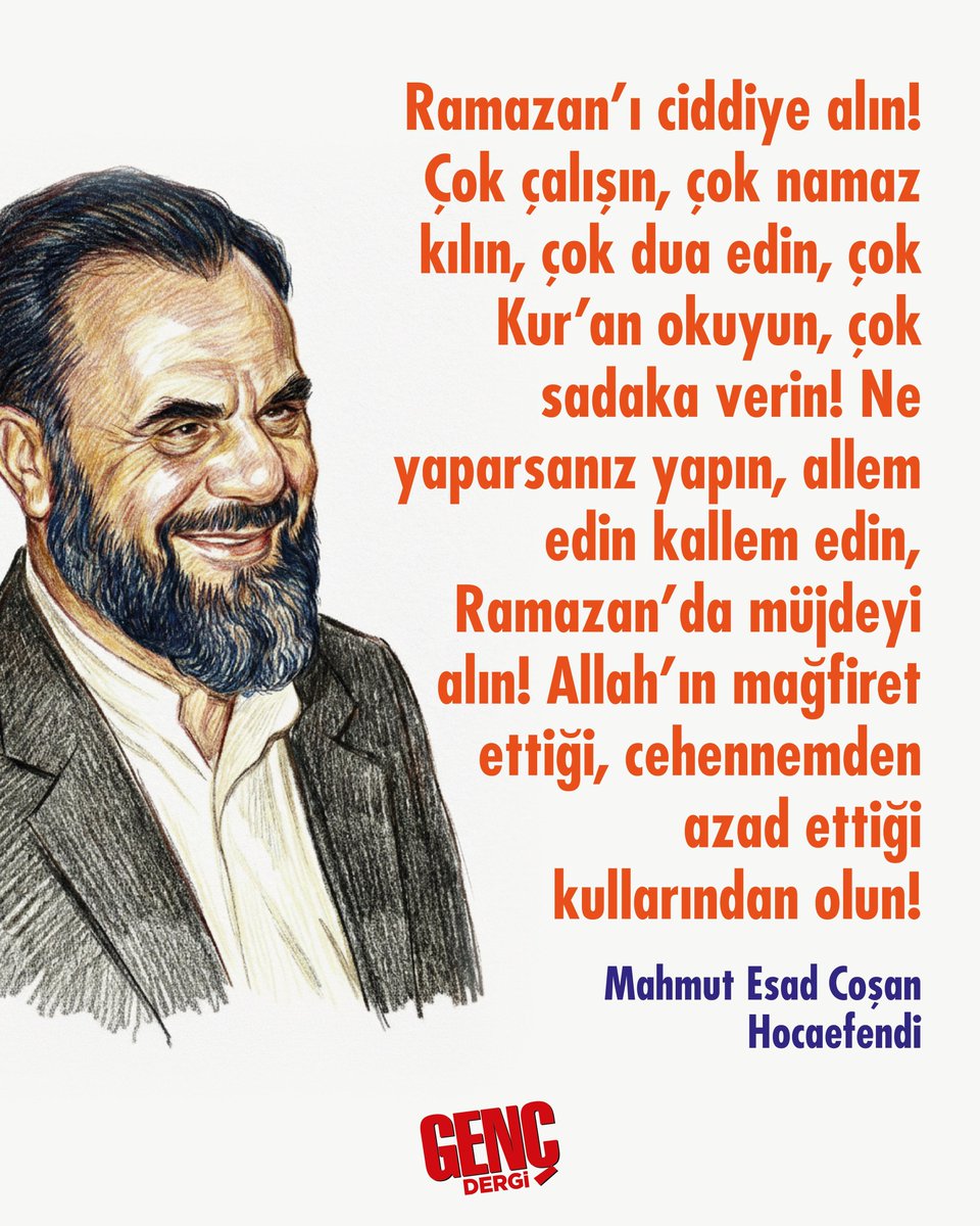 "Ramazan’ı ciddiye alın! Çok çalışın, çok namaz kılın, çok dua edin, çok Kur’an okuyun, çok sadaka verin! Ne yaparsanız yapın, allem edin kallem edin, Ramazan’da müjdeyi alın! Allah’ın mağfiret ettiği, cehennemden azad ettiği kullarından olun!"

| Mahmut Esad Coşan Hocaefendi