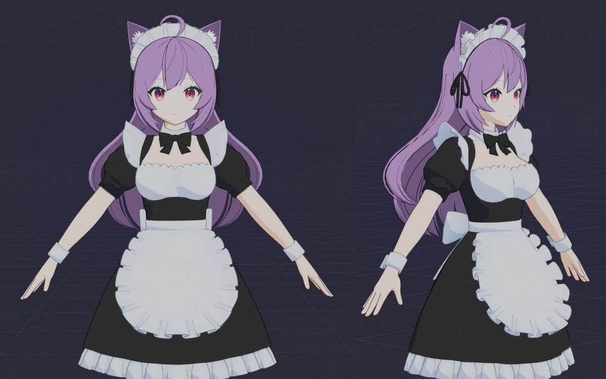 ケモ耳メイドをトゥーン調シェーダーでテスト表示させてみました。まだテクスチャを付けていませんがリアル調とは違って輪郭がくっきりするのでバランス調整するべき箇所が見えてきますね。

#Blender