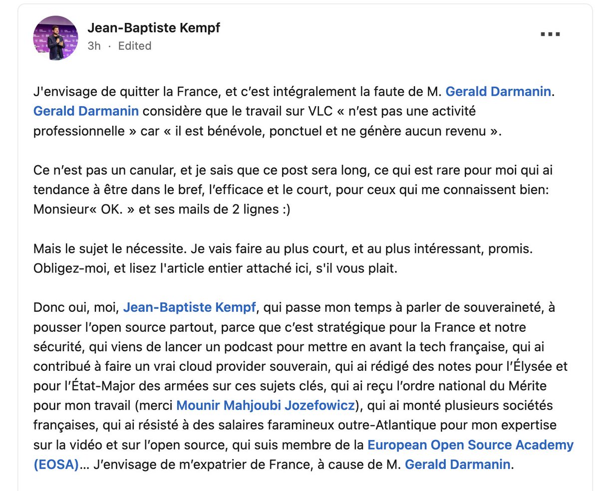AureaLibe's tweet image. Les ministres de la « Startup Nation » ont encore frappé.

Le logiciel français VLC menace de quitter la France et vous invite à envoyer des plaintes au ministre Gérald Darmanin.
