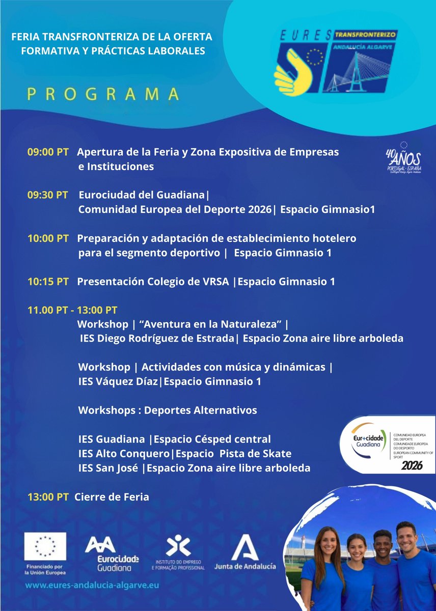 #EurociudadDelGuadiana celebra su II Feria Transfronteriza de la Formación Profesional y las Prácticas Laborales 🇵🇹🇪🇸
📅26 febrero📍Complexo Desportivo-VRSA 
🕘9:00-13:00 (hora PT) 
Deporte y Turismo de Naturaleza
¡Inscríbete gratis!👉forms.gle/5dT7zf4vUns439…
#EURESTAA #EURESCBPs