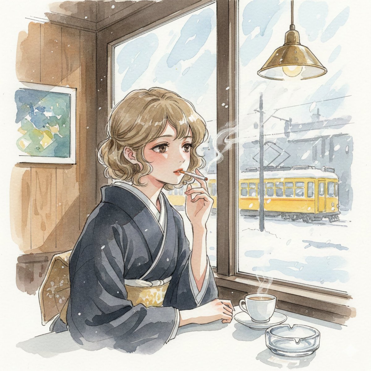 大正期の儚さ、消えてしまいそうな情緒を水彩画で表現してみました( ơ