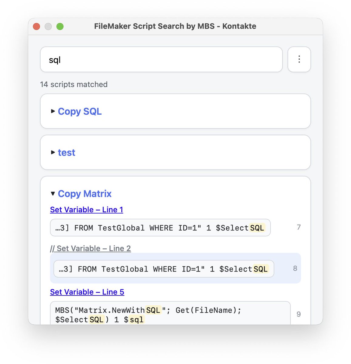 Search all Scripts improved

After adding grouping and a copy menu, we continue with

* Search entries are numbered
* Clicked row is highlighted in blue
* Commented lines show in gray
* Groups collapsable.

All coming soon with MBS #FileMaker Plugin 16.1.

mbsplugins.de/archive/2026-0…