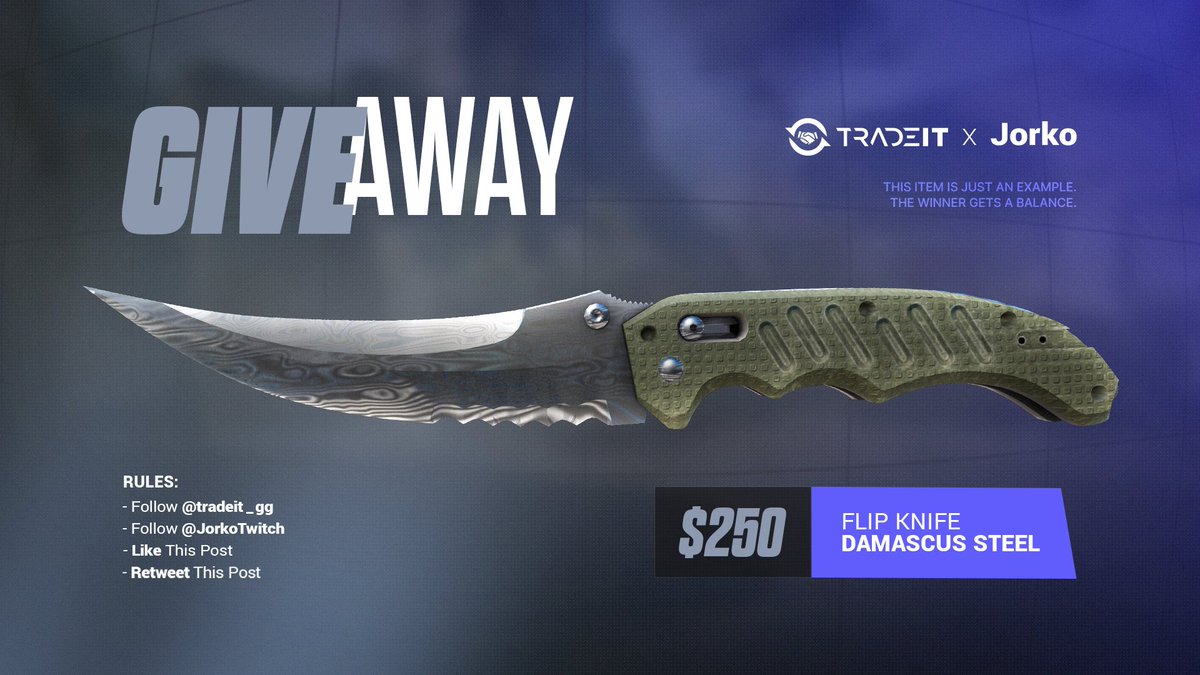 KNIFE GIVEAWAY 🎁 with <a href="/tradeit_gg/">Tradeit</a>
Win Flip Knife | Damascus Steel (FN) (≈ $250)

How to enter:
✅ Follow <a href="/tradeit_gg/">Tradeit</a> and <a href="/JorkoTwitch/">FOKUS Jorko</a>
✅ Like this post
✅ Repost this post
✅ Reply and tag 2 friends

Winner on 15 March 2026. Good luck! 🍀