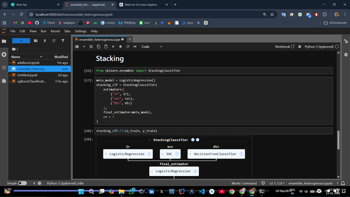 AjayKumar_0205's tweet photo. 🎉 Supervised ML Completed 🚀
Finished with ensemble methods: voting, stacking &amp; blending (logic + code).
From basics to advanced techniques — great learning journey 🧠📈
#ShradhaKhapra_ #ApnaCollegeX #AIML #MachineLearning #LearningInPublic https://t.co/rtCR7mcZbp
