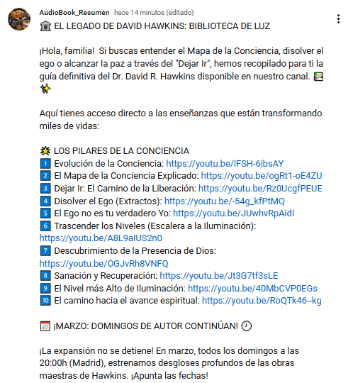 AudioBook_Resum's tweet photo. ¿Quieres dominar el arte de "Dejar Ir" y entender tu Mapa de la Conciencia? 

Hemos abierto nuestra Biblioteca de Luz con las enseñanzas del Dr. David Hawkins, pero el acceso es solo para suscriptores de nuestro canal.

¡Únete a la familia y no te quedes fuera! 👇
https://t.co/6jysURs61y