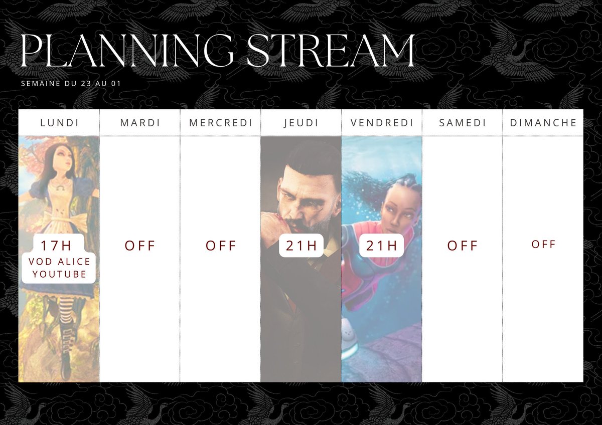 Planning de la semaine ! Cet après-midi à 17H sort le 3ème épisode d'Alice sur YouTube <3