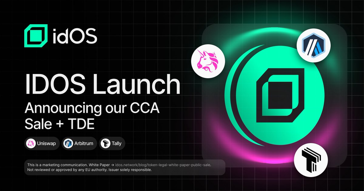 .<a href="/idOS_network/">idOS</a> launching their token Feb 25

but the HOW is more interesting than the WHEN

they're using <a href="/Uniswap/">Uniswap Labs 🦄</a>'s Continuous Clearing Auction (CCA)
100% onchain price discovery - no insider allocations, no side deals

how it works:
→ you bid a total amount + max price you're