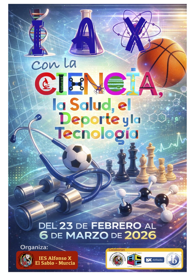 iaxmurcia's tweet photo. 🗣️📢 🆕 Semana de la Ciencia ⚛, la Salud❤️‍🩹, el Deporte ⛹️y la Tecnología 💻 en el  @iaxmurcia📅 del 23 de febrero al 6 de marzo. 

Ciclo de conferencias 🗣️🎙️, Feria de la Ciencia 👨‍🔬👩‍🔬🔬🧪, talleres 🤖♟️⛹️, visitas guiadas al #Musax, observación astronómica 🪐🔭 y mucho más... https://t.co/9AUIyxsjyE