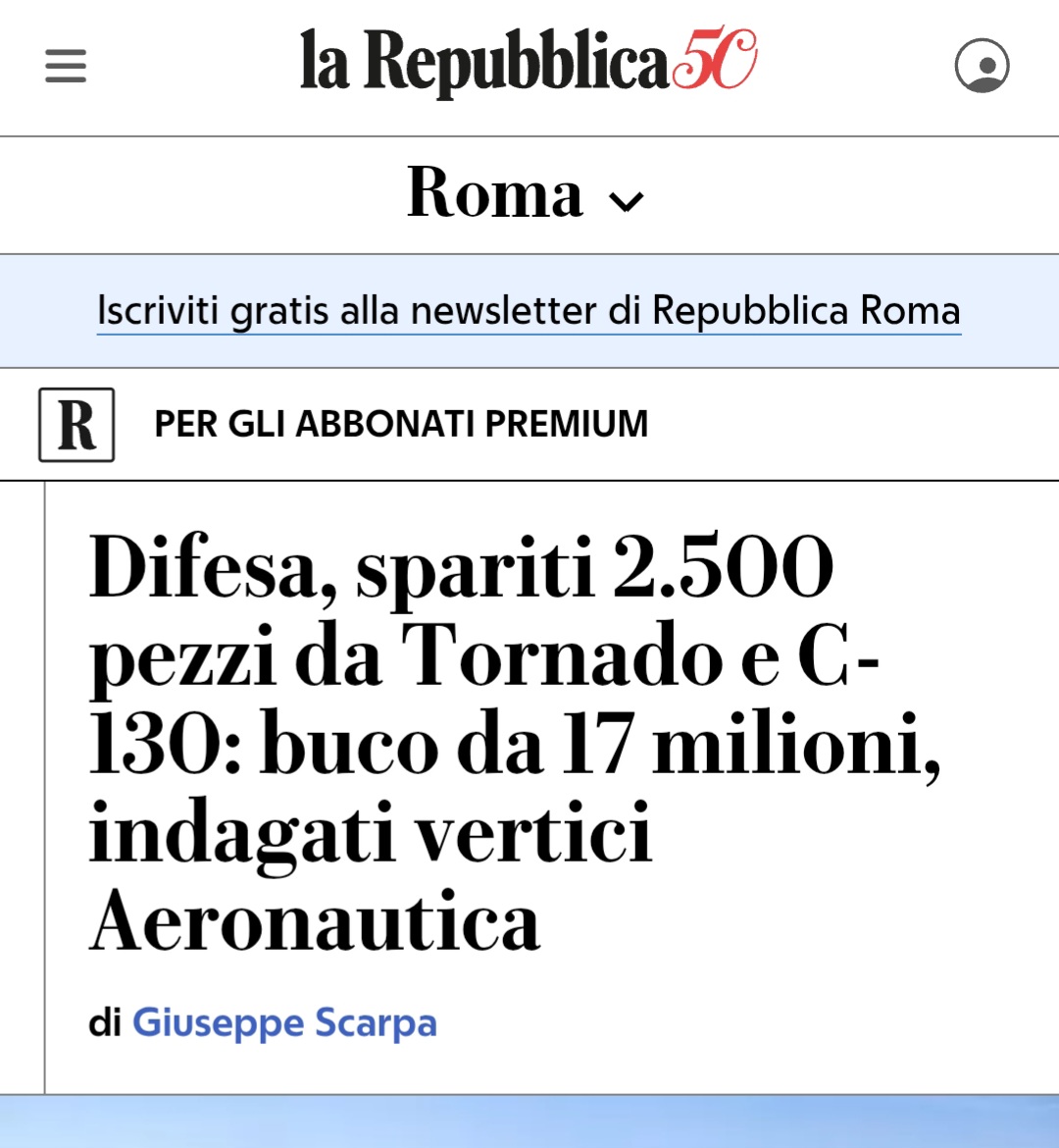 È un mondo fantastico...
(Quando ho fatto il militare in A.M. ho visto sparire prosciutti, forme di parmigiano e taniche di gasolio, ma non pensavo arrivassero ai pezzi di ricambio dei Tornado...)