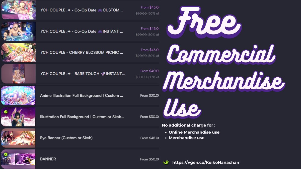 Heyy VTubers ☝️✨

Wanna turn your artwork into merch without paying extra?

For a limited time, selected YCH and illustration services include FREE merchandise &amp; online commercial use.

You’re allowed to use them for:
• Flat mousepad (standard desk mat)
• Wall scroll
• Static