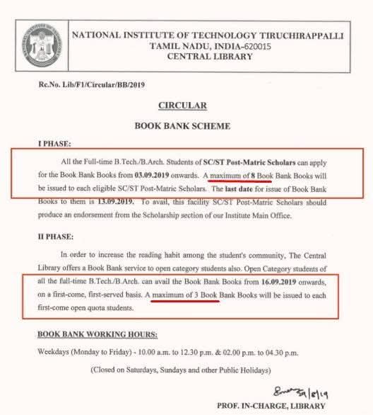 TIgerNS3's tweet photo. #GCAtrocityAct #BJPMuktBharat #MisuseOfSCSTAct #UGCAct #Roll_Back_UGC #Reservation
In the year 2019 NIT Trichy library circular prioritizing SC/ST scholarship students with up to 8 free books before general category first-year students receive only 3, framing it as discriminatory "apartheid" rather than equitable affirmative action.

This scheme stems from India's constitutional reservations under Articles 15 and 46, aimed at uplifting historically marginalized groups through subsidized educational resources, though it fuels debates on reverse discrimination in elite institutions like NITs and IITs.

Similar policies persist in 2026, with NIT Trichy's current rules allowing SC/ST students 5 extra books per semester, as noted in recent critiques and library guidelines, sparking online discussions on merit versus equity.