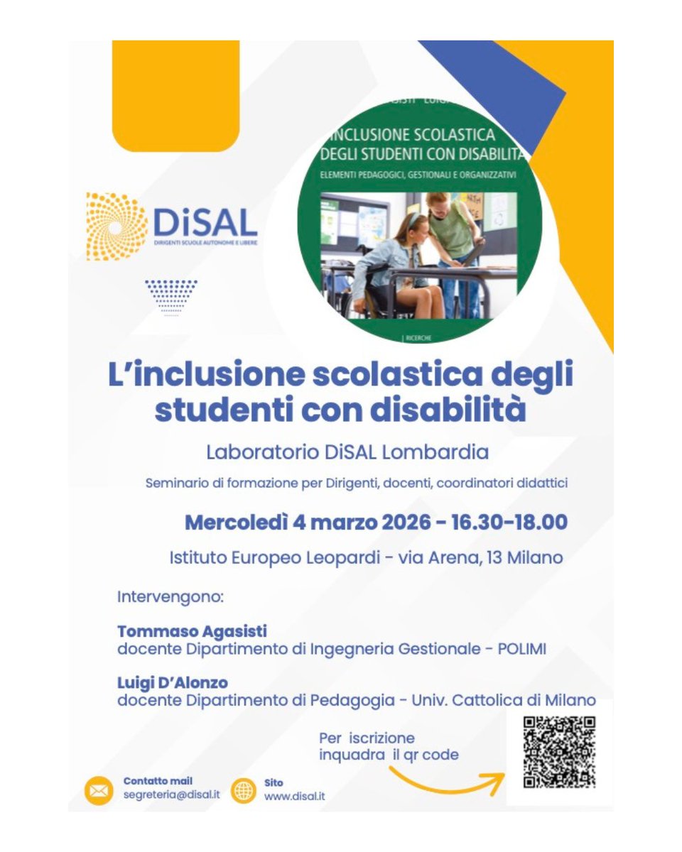 cedisma's tweet image. 📌 "L’inclusione scolastica degli studenti con disabilità"
Laboratorio #DiSAL Lombardia – Seminario di formazione per #dirigenti, #docenti e #coordinatori didattici.

👉 Iscrizione: inquadra il QR code presente nella locandina.
🌐 disal.it