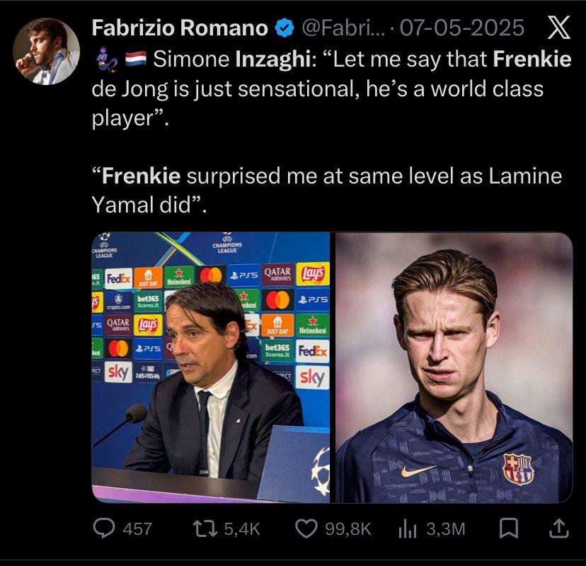 The_MrMediocre's tweet photo. @balog_mm @Sofascore @DeJongFrenkie21 @FCBarcelona @LaLigaEN The only man together with Lamine that showed up during last year’s CL semi final, + carried the midfield against Real Madrid a few weeks ago to win the Supercopa. Sure, stay delulu in your little bubble if that suits your narrative😭 https://t.co/dPXjkbrfxl