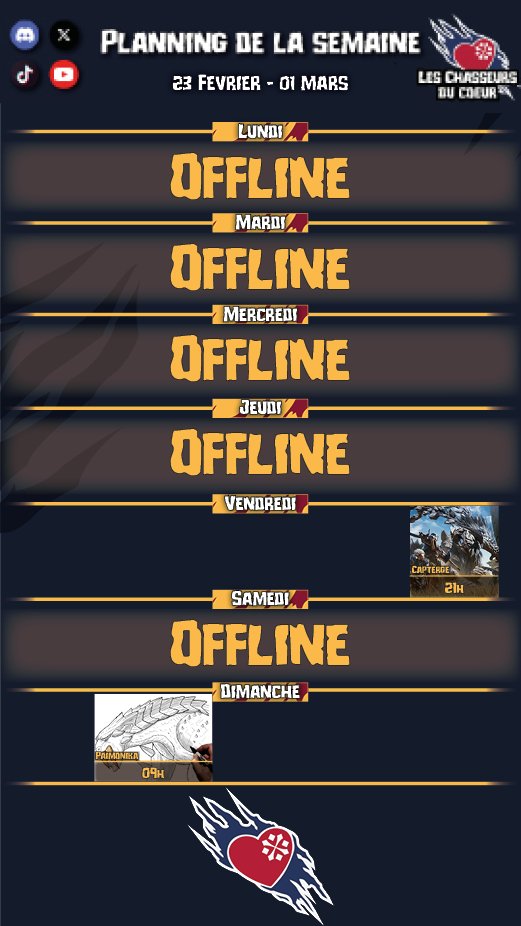 Hello les hunters, c'est l'heure du planning !
Semaine chill cette fois-ci !
<a href="/CDC_Capterge/">Capterge</a> vous attend vendredi soir pour du MH Wilds en lobby ouvert, tandis que <a href="/Paimonika/">Paimonika ~ Lunastra fan account</a> tiendra le rendez-vous dominical habituel avec le stream dessin à partir de 9h !
Bonne semaine à tous !