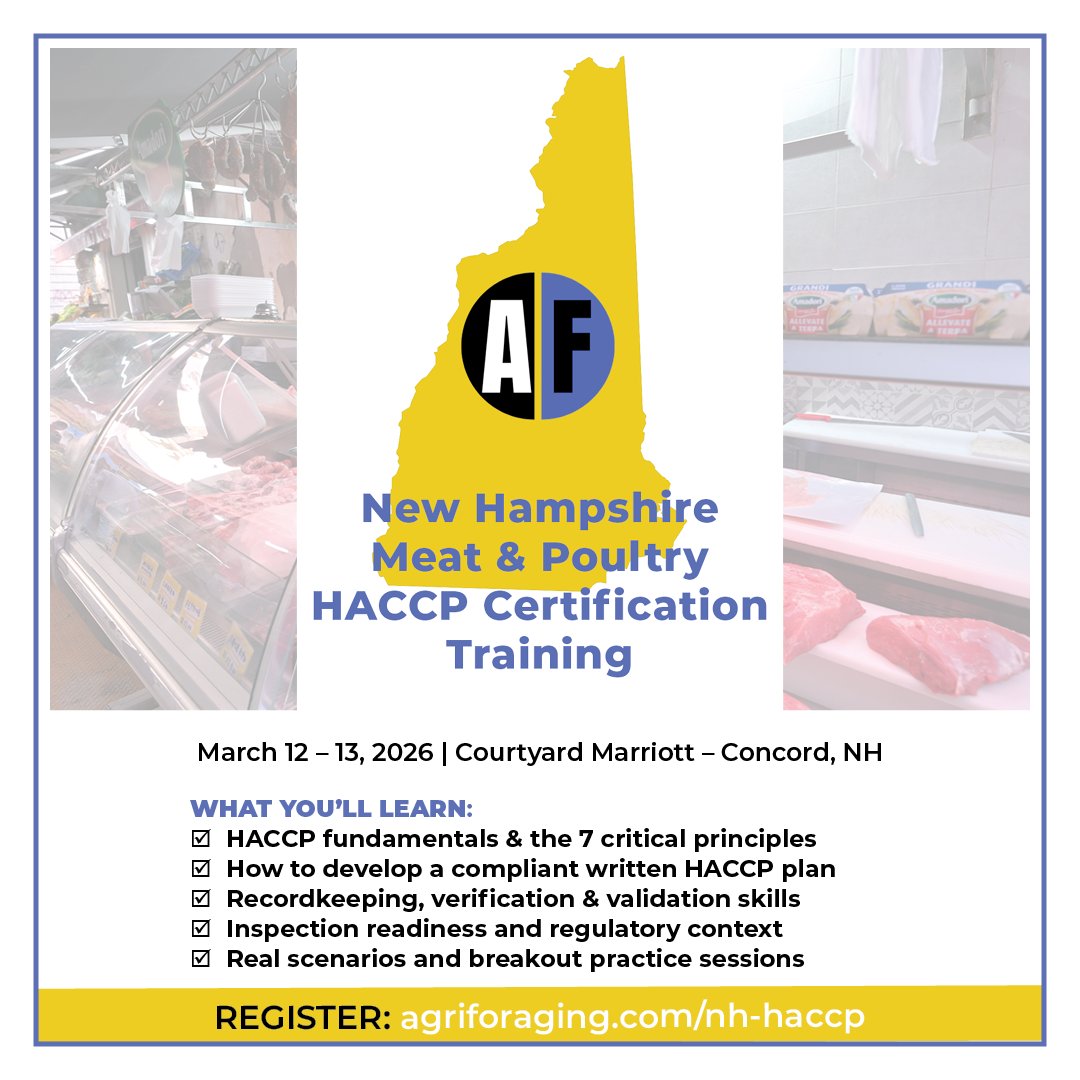 AgriForaging's tweet image. HACCP turns process knowledge into documented control.

Meat &amp;amp; Poultry HACCP Training
March 12–13 | Concord, NH

International HACCP Alliance certified
Meets USDA FSIS requirements

agriforaging.com/nh-haccp

#HACCP #MeatProcessing