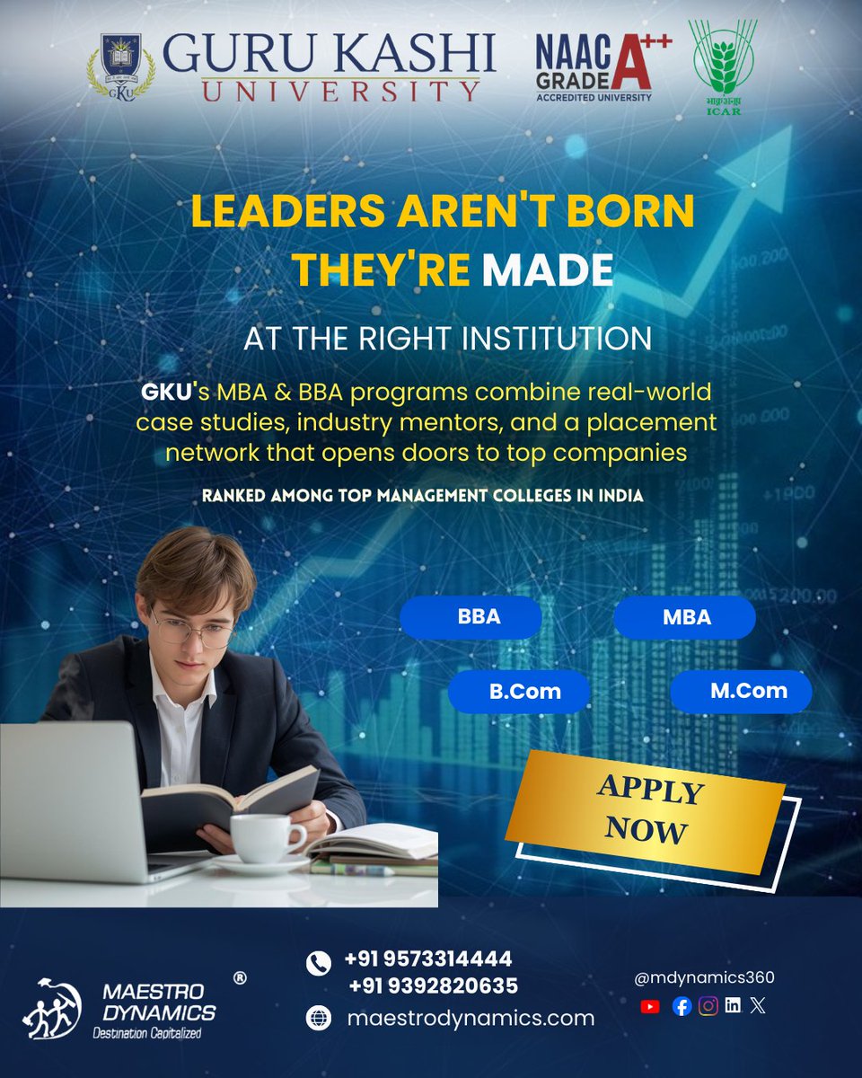 mdynamics360's tweet photo. Leaders aren’t born-they’re made at the right institution.
#MBA #BBA #BCom #MCom
Top management college in India
Admissions Open — Apply Now!
NAAC A++ | UGC | ICAR | PCI
📞 +91-95733 14444
#GuruKashiUniversity #GKU #MBAAdmissions #BBAAdmissions #CommerceStudents #NAACAPlusPlus https://t.co/4OY7jSJ2fj