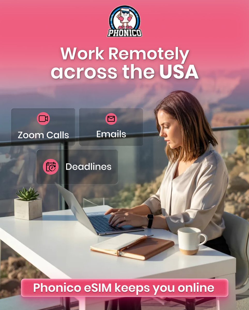 phonicousa's tweet photo. That mini heart attack when your screen freezes on Zoom… 😶
Don’t risk buffering screens during important meetings.

Work remotely across the USA with data you can actually rely on.
📶 Phonico eSIM keeps your workflow uninterrupted — wherever you open your laptop. https://t.co/5bLeat3wAZ