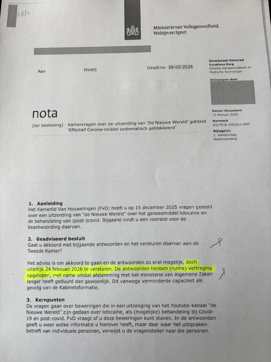 Verbijsterend. 

Na ‘(ruime) vertraging' laat het vorige kabinet op de valreep aan de Kamer weten (tweedekamer.nl/kamerstukken/k…) op geen enkele wijze te willen ingaan op de explosieve onthulling in een uitzending van De Nieuwe Wereld waarin de heer Koornstra (die, dat moet het kabinet