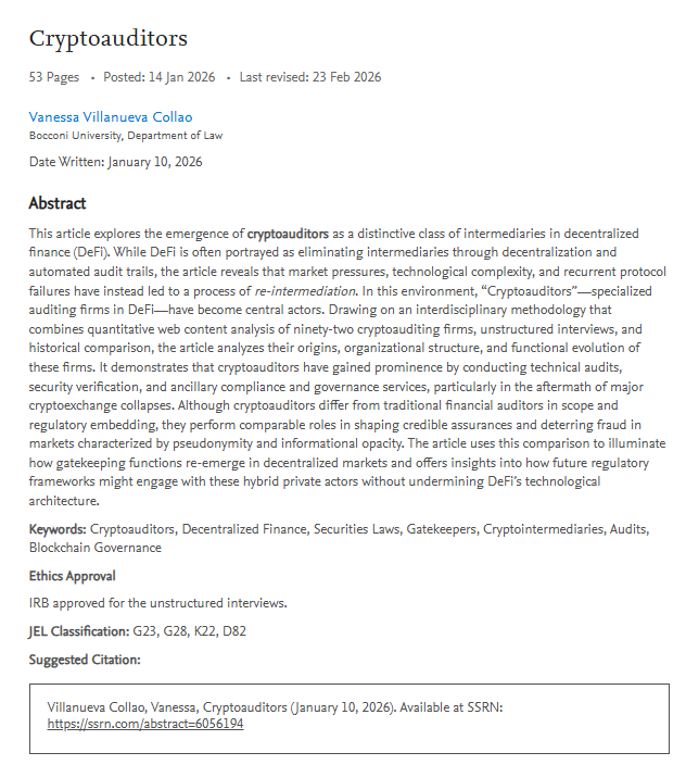 VaneVillanuevaC's tweet photo. Cryptoauditors (Specialized Auditing Firms in DeFi) now on @SSRN https://t.co/Li8smRJjLm

DeFi promised disintermediation, but produced new intermediaries. Based on an empirical study, I analyze how cryptoauditors audit code, signal compliance, and shape governance in DeFi. https://t.co/VbKN3G9HzP