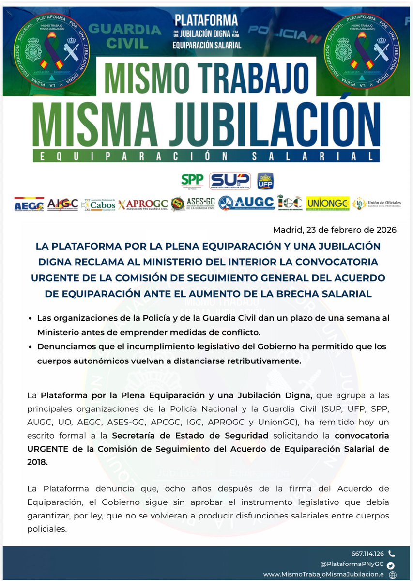 🚨 DAMOS UNA SEMANA AL MINISTERIO 🚨

Desde la Plataforma por la Plena Equiparación y una Jubilación Digna reclamamos la convocatoria URGENTE de la Comisión de Seguimiento del Acuerdo de Equiparación Salarial de 2018 ante el aumento de la brecha salarial.

Denunciamos el