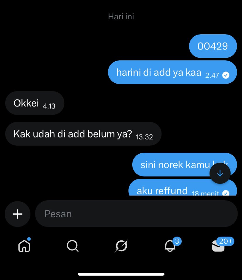 ada gua anggurin dia seharian?
gua udh ngejanjiin add harini dan worker gua blm foll up tb' dipost gua ga ngerespon dia sama sekali? kalo emang ngerasa gua nganggurin sorry bgt ya🙏🏻