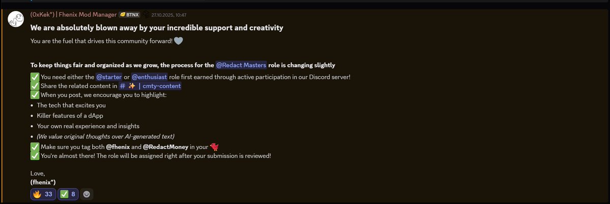 Poker Star role secured ♠️😎

Now hunting for that <a href="/RedactMoney/">Redact ⚪️</a>  Master role 🔐

Running the testnet, posting about the project, diving deeper into <a href="/fhenix/">Fhenix</a>  infra…

Grinding loud, building quiet.

Hope they notice soon 👀🚀