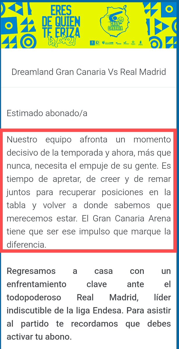 Ni se sabe cuántos "momento DECISIVO de la temporada y ahora, MÁS QUE NUNCA, NECESITA el empuje de su GENTE" hemos vivido en el Granca en lo que va de la 25/26.
De lo que poco hemos leído es de la asunción de responsabilidades que vayan más allá del: equipo tiene que estar unido
