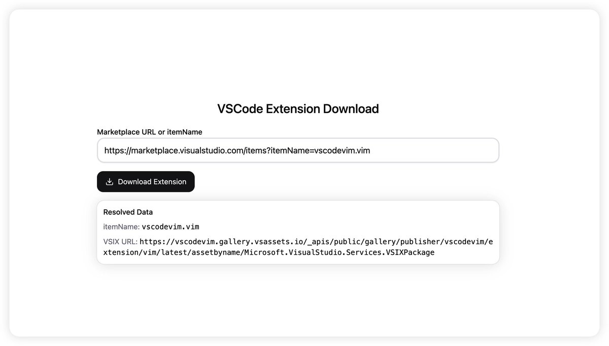 Debbl66's tweet photo. Built a tiny tool for VS Code users who need offline installs:

Paste a Marketplace link (or publisher.extension) and download the .vsix in one click.

Try it: https://t.co/OoJM4zav3s

#vscode #opensource #cursor #tools https://t.co/CGN6N4dUpw