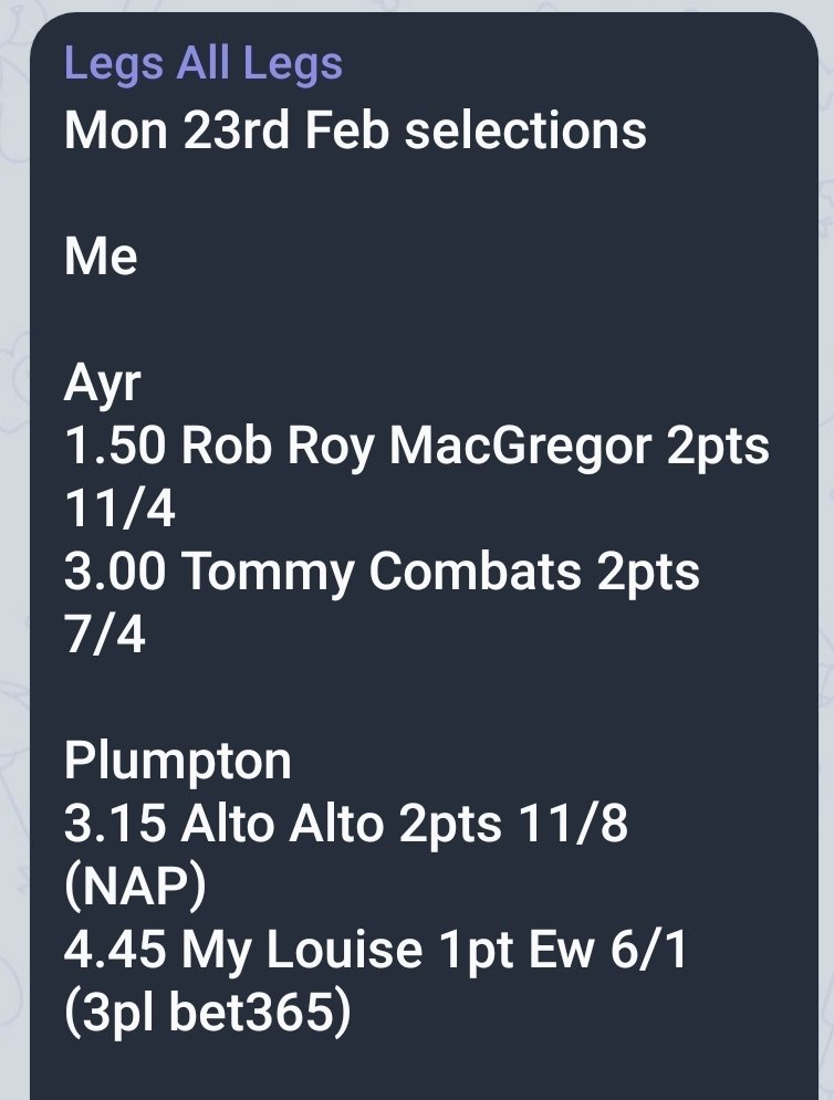 Legs_All_Legs's tweet photo. Today's selections as posted on Telegram. Not enjoyed a great start to 2026. Jonesy however constantly proves his worth. Get all tips via link in bio

#freehorseracingtips https://t.co/m2MLqxSS3P