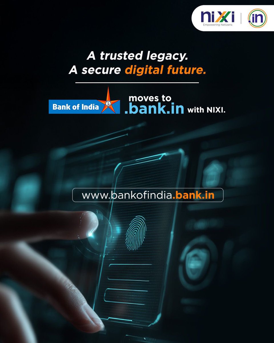 inregistry's tweet photo. The future of Indiaโs digital banking ecosystem is becoming increasingly secure. NIXI enabled Bank of India to transition to .bank.in, strengthening its trusted digital identity.
#NIXI #Trust #DigitalIndia #BankofIndia #DomainSecurity
@RBI @BankofIndia_IN https://t.co/n2ybmnCUl6
