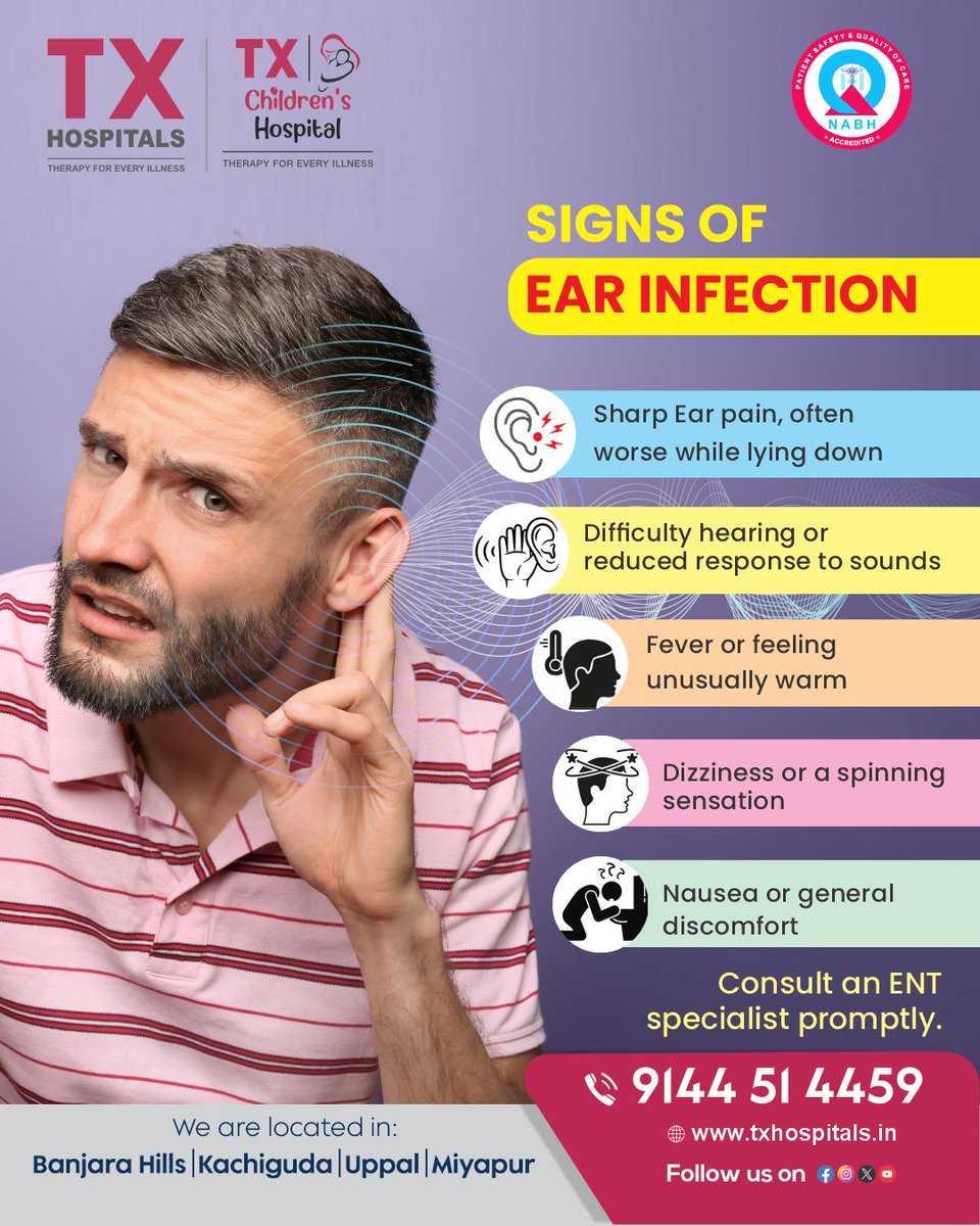 txhospitals's tweet image. 👂 Signs of Ear Infection – Don’t Ignore the Symptoms!

Ear infections can cause:
• Sharp ear pain (worse while lying down)
• Hearing difficulty
• Fever
• Dizziness
• Nausea or discomfort
⚠️ Early treatment prevents complications.
📞 9144 51 4459
🌐 txhospitals.in