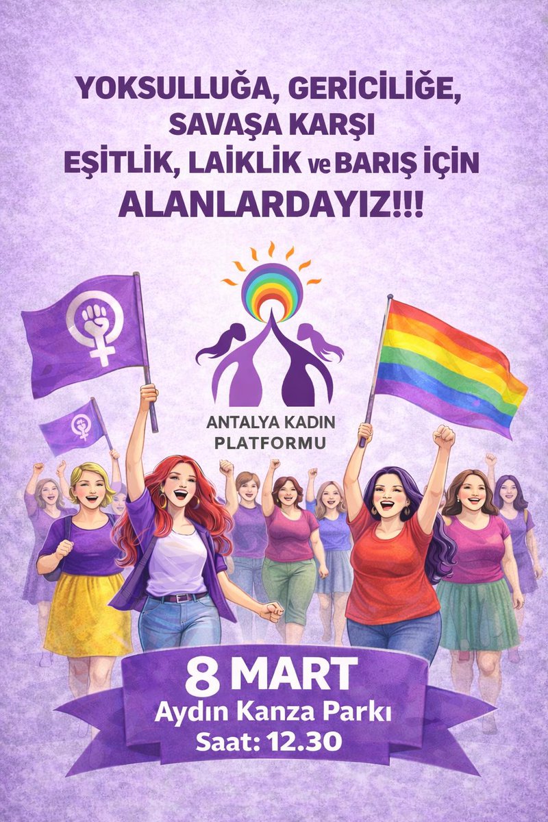 Yoksulluğa, gericiliğe ve savaşa karşı feminist isyanımızla alanlardayız. Eşitlik, laiklik ve barış için 8 Mart’ta saat 12.30’da Aydın Kanza Parkı’nda toplanıyoruz. Feminist mücadelemizi büyütmek, dayanışmayı örgütlemek ve hayatlarımızı savunmak için yürüyoruz. ✊💜🌈
#8M2026