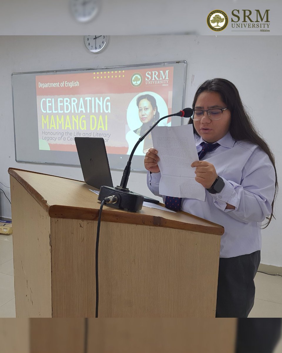 SrmSikkim's tweet image. SRM University Sikkim’s Department of English organised a commemorative programme honouring Sahitya Akademi Award winner Mamang Dai, featuring student readings, discussions, and a musical tribute celebrating her literary and ecological vision.

#srmus #SRMUniversitySikkim