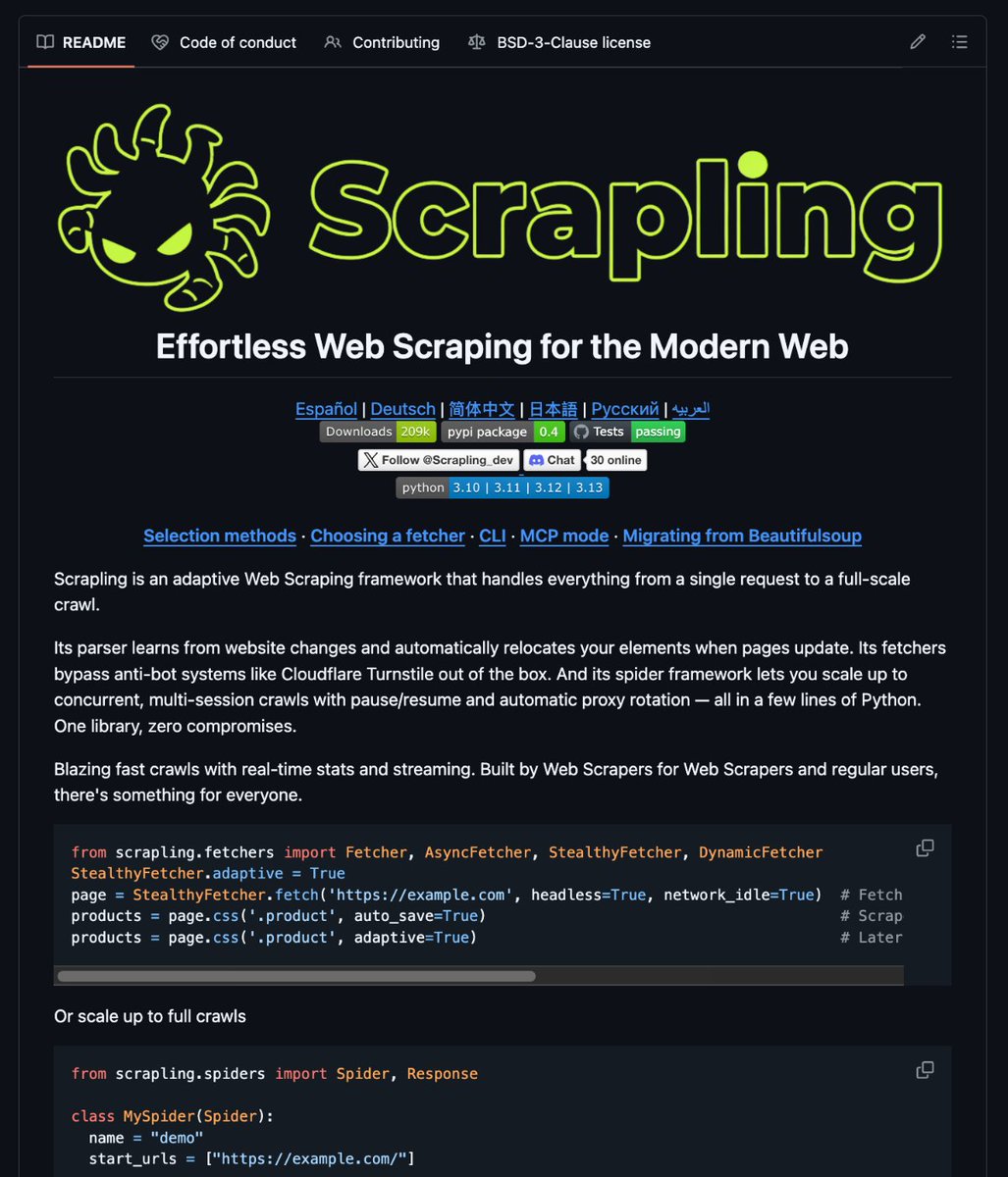🚨 OpenClaw just got an unfair advantage over every other AI agent on the internet.

It's called Scrapling and it scrapes undetectable, adaptive websites without breaking when they update their structure.

No bot detection. No selector maintenance. No Cloudflare nightmares.