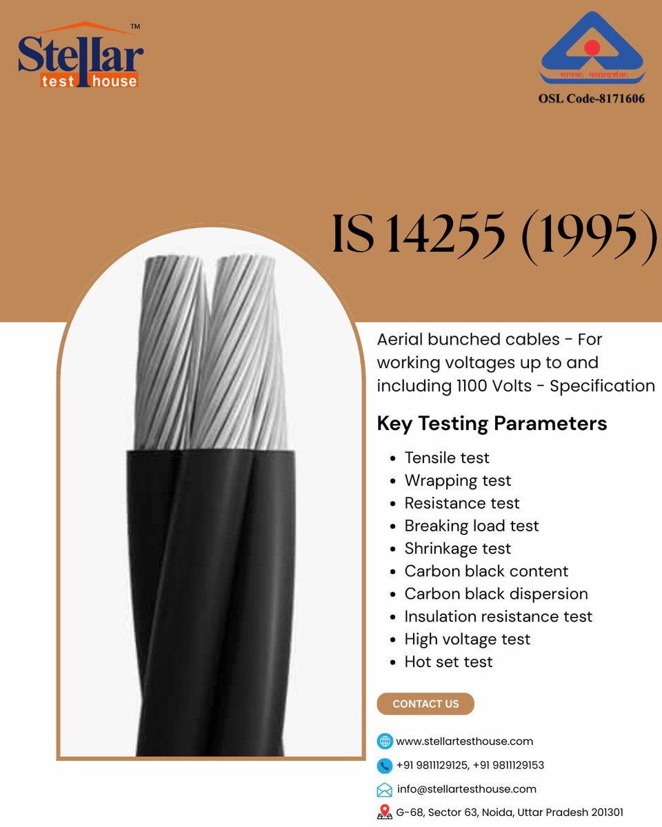 stellartestlab's tweet image. IS 14255 (1995) Aerial bunched cables - For working voltages up to and including 1100 Volts - Specification

📞  9811129125, 9811129153
🌐  stellartesthouse.com

#IS14255 #AerialBunchedCable #ABCcable #CableStandards #BISStandards #stellartesthouse