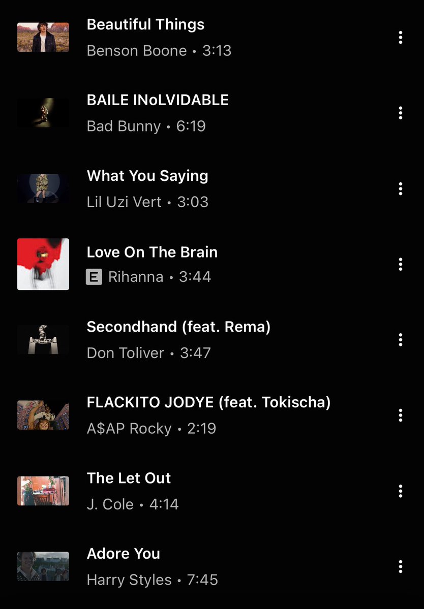 #JHOPE has added new songs to his YouTube Music playlist “Love Song Selections”:

• BAILE INOLVIDABLE – Bad Bunny
• Love on the Brain – Rihanna
• Secondhand – Don Toliver (feat. Rema)
• FLACKITO JODYE – A$AP Rocky (feat. Tokischa)
• The Let Go – J. Cole
• What You Saying –