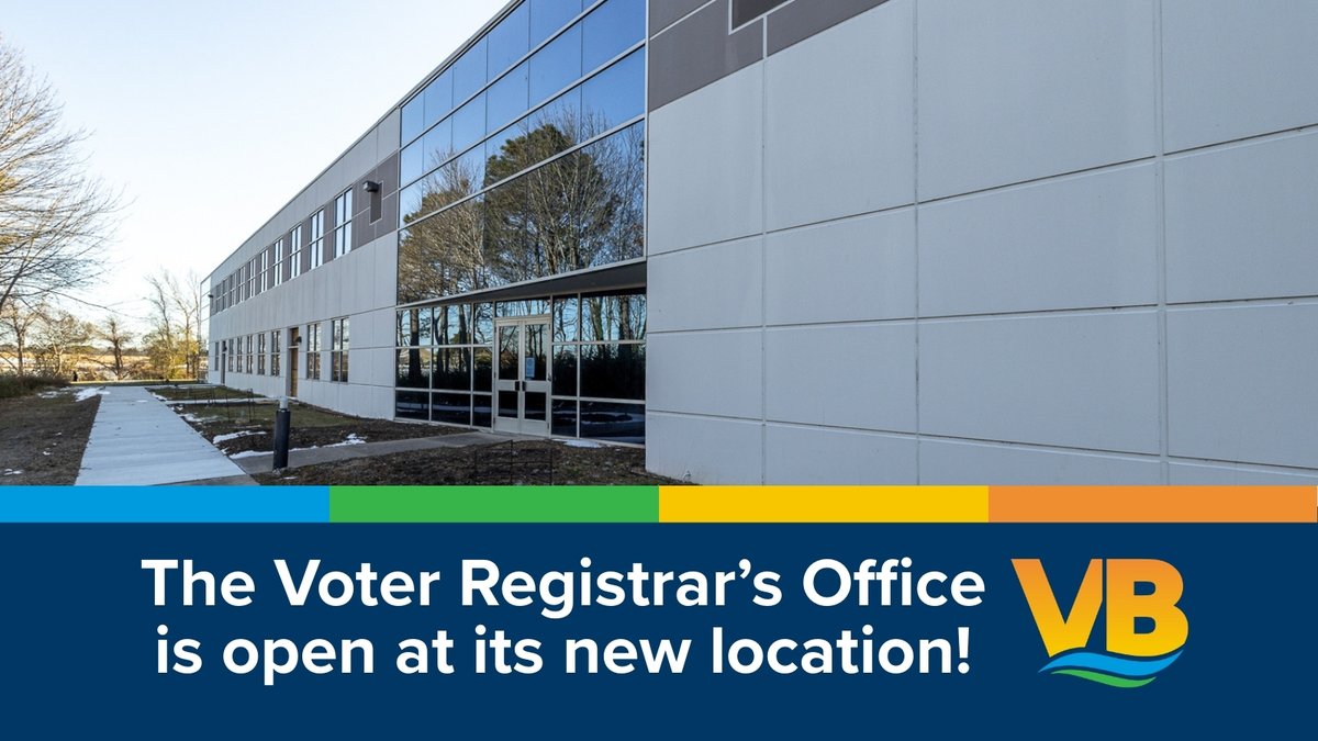 CityofVaBeach's tweet photo. The Voter Registrar’s Office is open at its new location at 500 Studio Dr! Please note that the old office at the Municipal Center is no longer a location for early voting, ballot drop-offs, registering to vote or any other election-related activity. More: https://t.co/QQ1IkFEuTi https://t.co/j1fpIiWNpv