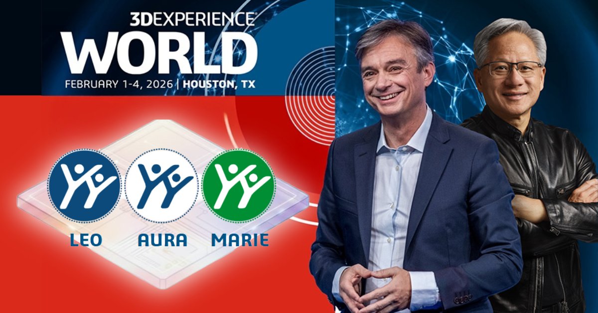 GoEngineer's tweet image. Missed #3DEXPERIENCE World 2026? We’ve got you covered. 

Key highlights:
✅ AURA, LEO, &amp;amp; MARIE: AI Virtual Companions
✅ NVIDIA + Dassault Systèmes: Industrial #AI Platform
✅ #SOLIDWORKS 2026

Continue reading the full recap in our blog: hubs.la/Q044dfBz0