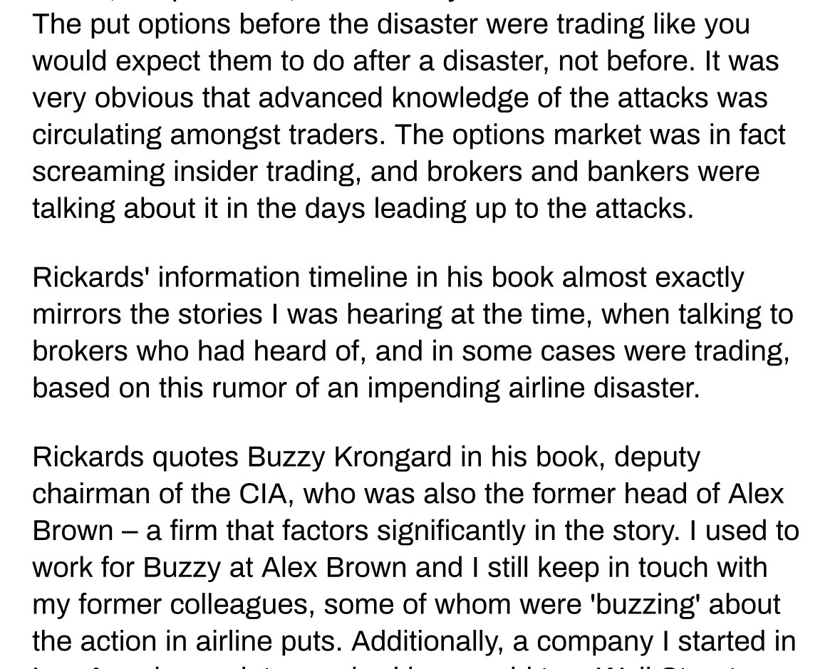 GoodPyre's tweet photo. Howard Lutnick’s firm shorted airline stocks pre 9/11 based on rumors from a firm called “Alex Brown”. The CEO of Alex Brown until ‘98 was Buzzy Krongard, Jewish, who later became Executive Director of CIA in 2001. Former employee attests that firm kept in touch with Krongard. https://t.co/a0eTQ8br73