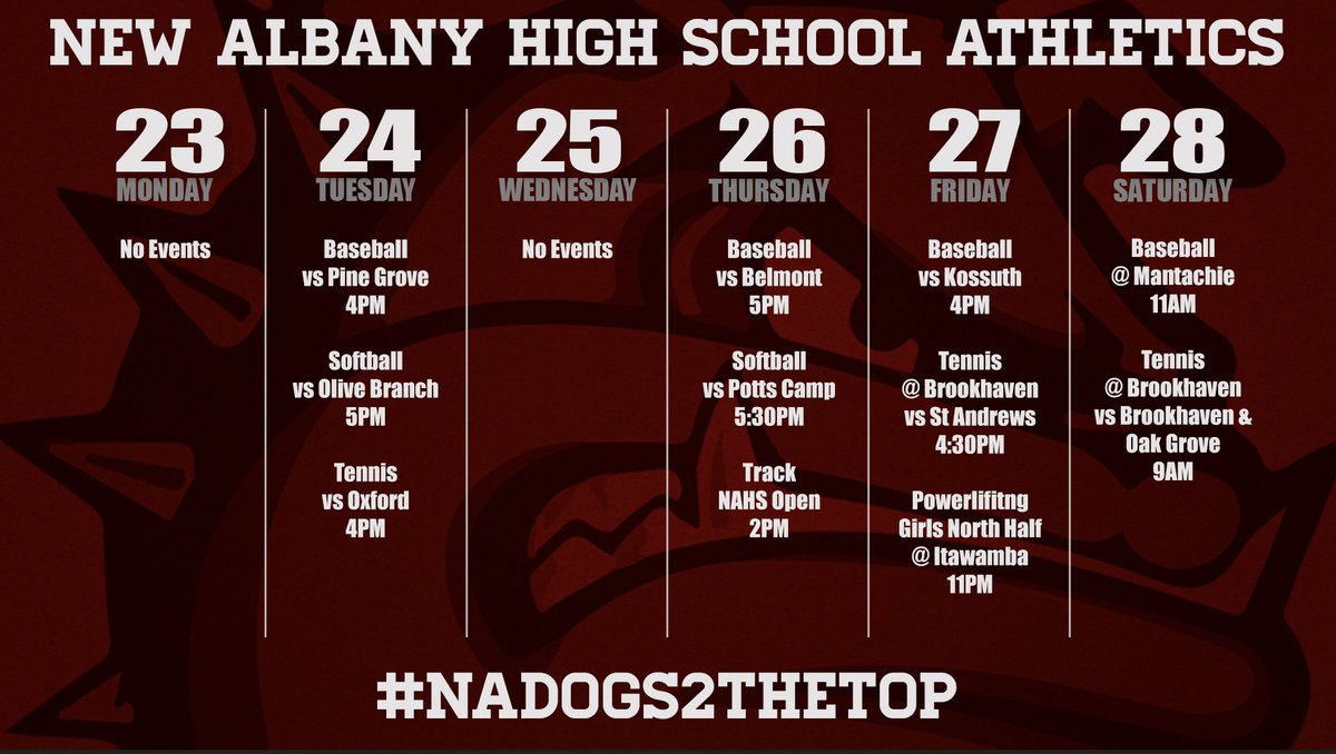 HailMaroon's tweet photo. Here’s what is happening this week in NAHS Athletics. Be sure to join us when you can to support these Bulldogs! https://t.co/3wVJC4P2d0