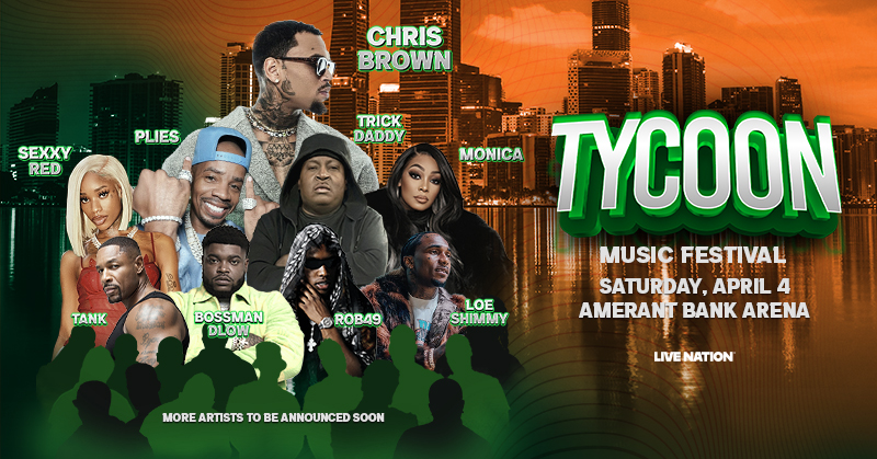 LiveNationFL's tweet image. 🎵 TICKETS ON SALE 🎵 Tycoon Music Festival is coming to @AmerantArena  on April 4th featuring: Chris Brown, Sexyy Red, Plies, Trick Daddy, Monica, Loe Shimmy, Rob49, Bossman DLow, Tank and more! Tickets on sale now. 🎟️