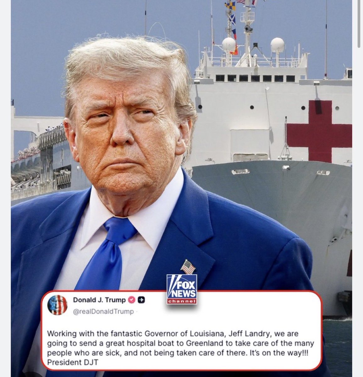 <a href="/JamesTate121/">James Tate</a> In the meantime, the Genius-in-Chief plans to send a hospital boat (i.e. US taxpayers’ money) to Greenland, which has a public, tax-funded healthcare system that provides free, universal healthcare to its residents, while being unable to provide healthcare here at home.